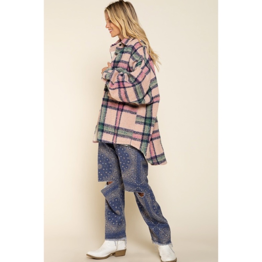 SOLD OUT Pink Plaid Distressed Boho Oversized Shacket - Picture 9 of 9